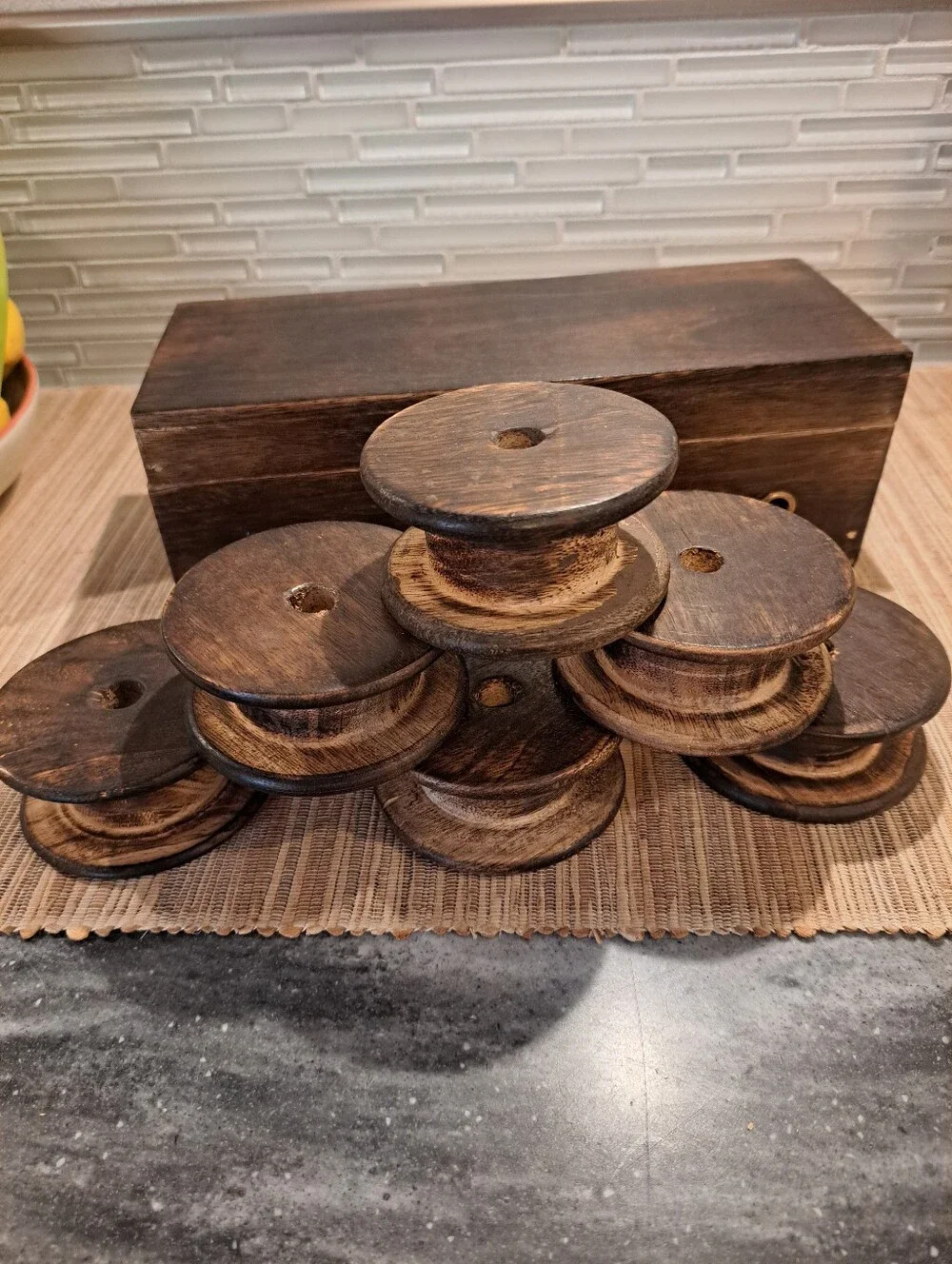 6 Spool Lazy Kate Spinning Wheel Bobbin String Ribbon Holder. Wooden Box